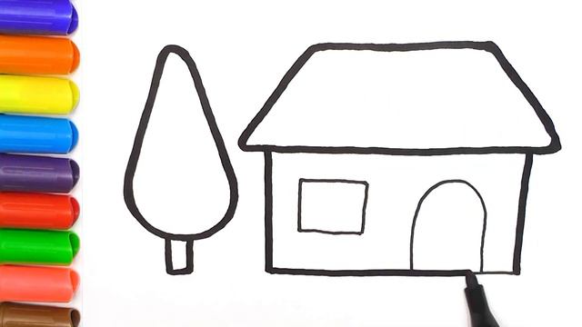 Как нарисовать домик и дерево. Простые уроки рисования для детей. Раскраска без принтера смотреть онлайн