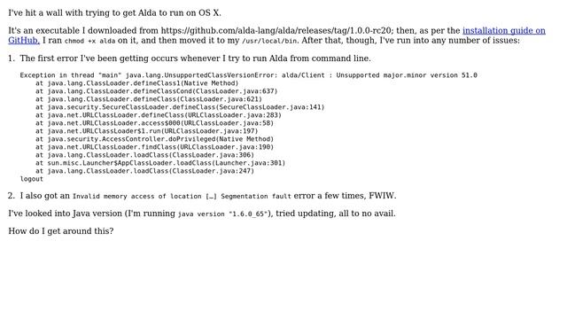 Apple: Exception in thread "main" java.lang.UnsupportedClassVersionError (Trying run Alda on OS X) смотреть онлайн