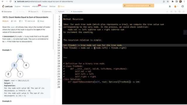leetcode 1973. Count Nodes Equal to Sum of Descendants - Recursion смотреть онлайн