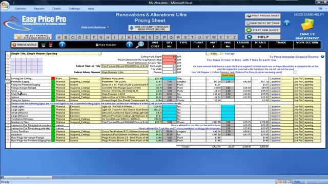 Suspended Ceiling (Single Tile, Single Runner Spacing) Estimating Module