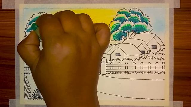 How to draw a village house scenery with colour | Landscape village scenery drawing with oil pastel смотреть онлайн