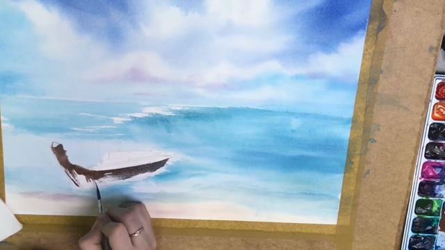 УРОК пейзажа акварелью | МОРЕ и небо! Тайская лодочка | Часть 2 смотреть онлайн