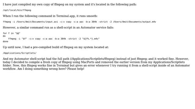 Apple: ffmpeg working from command line in Terminal but not in an Automator shell script! смотреть онлайн