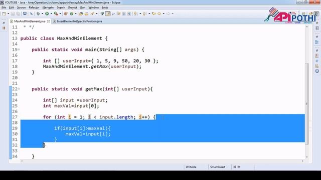 7. Write a Java program to find the maximum and minimum value of an array || APIPOTHI смотреть онлайн