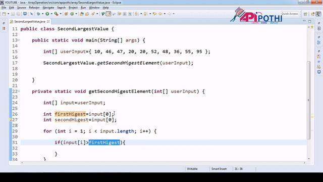 10 Write a Java program to find the second largest element in an array || APIPOTHI смотреть онлайн