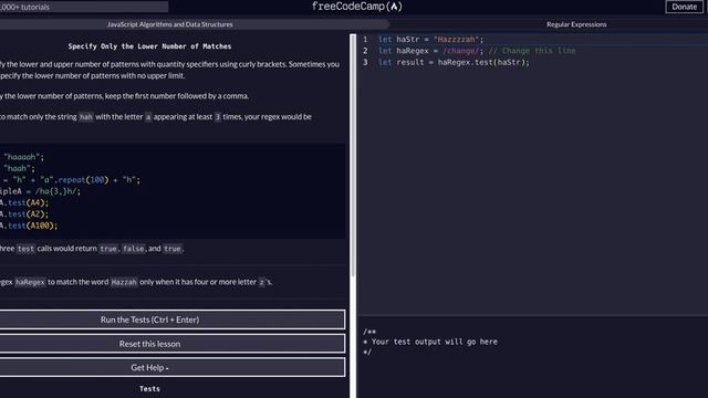 26 Specify Only the Lower Number of Matches - RegEx - FreeCodeCamp EXPLAINED - JavaScript FCC Guide смотреть онлайн