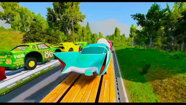 Flatbed Trailer Truck Rescue - Cars Vs Rails - Speed Bumps - BeamNG.Drive