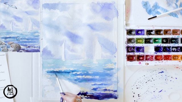 Рисуем МОРСКОЙ ПЕЙЗАЖ / Акварель для начинающих / Подробный урок. смотреть онлайн