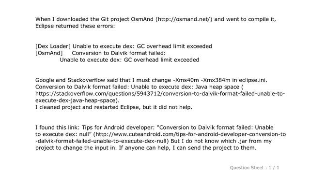 Android : Unable to execute dex: GC overhead limit exceeded in Eclipse смотреть онлайн