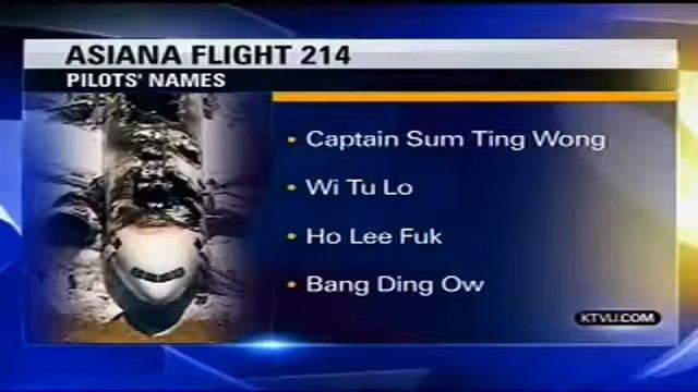 TV Station Makes Error, Reads 4 Wrong Names Of Asiana Crash Pilots 'Sum Ting Wong' And 'Ho Lee Fuk' смотреть онлайн