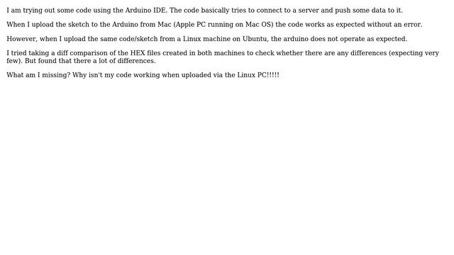 Arduino: Same Arduino Sketch when uploaded from a Linux machine does not work смотреть онлайн
