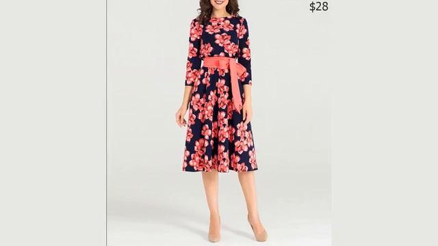Одежда с AliExpress. Демисезонное платье ниже колен рукав три четверти с широким поясом. смотреть онлайн