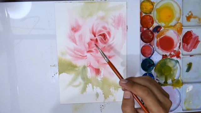 5 minute Watercolor painting for beginners beautiful Pink Rose and leafs смотреть онлайн