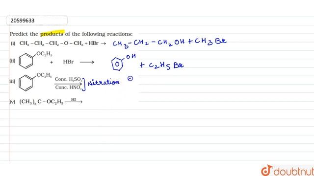Predict the products of the following reactions: (i) `CH_(3)-CH_(2)-CH_(2)-O-CH_(3)+HBr rarr` (i... смотреть онлайн