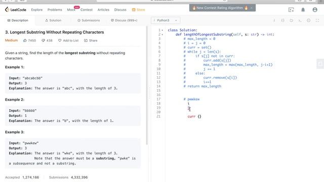 Leetcode 3. Longest Substring Without Repeating Characters Python смотреть онлайн