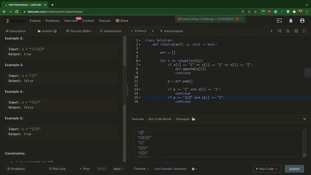LeetCode 20. Valid Parentheses - python 3 смотреть онлайн