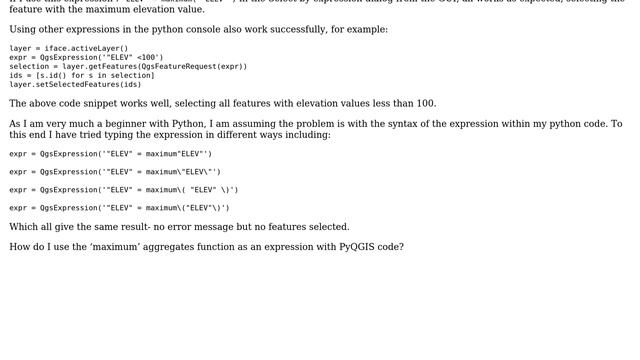 GIS: Selecting features using expression with 'maximum' aggregates function in QGIS python console смотреть онлайн