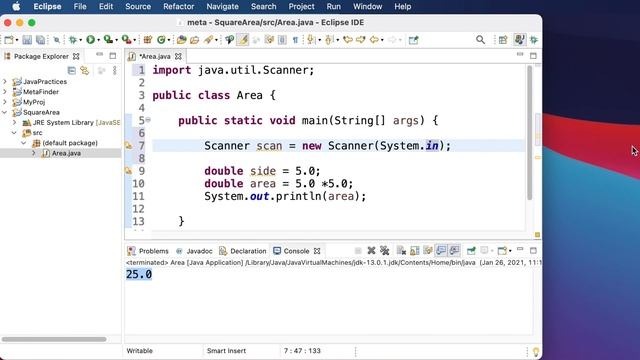 Java practice program to calculate area of Square (hard coded + dynamic version) смотреть онлайн