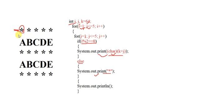 Pattern- 23|| star and character pattern print in java || CODE WITH VED || Star and ABCDE print || смотреть онлайн