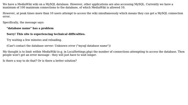 How can I limit the maximum number of simultaneous MediaWiki to MySQL database connections? смотреть онлайн