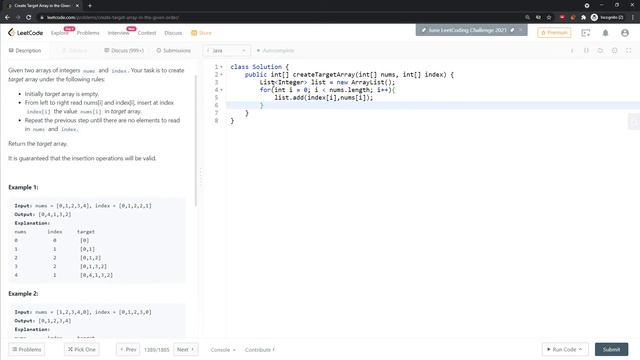 LeetCode 1389 | Create Target Array in the Given Order | List add | Java смотреть онлайн