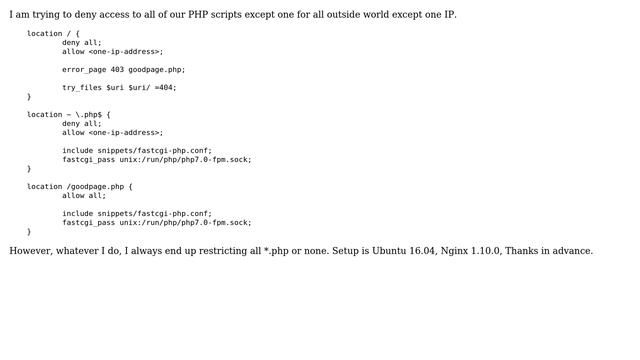 DevOps & SysAdmins: Nginx deny access to all PHP files but one from certain IPs смотреть онлайн
