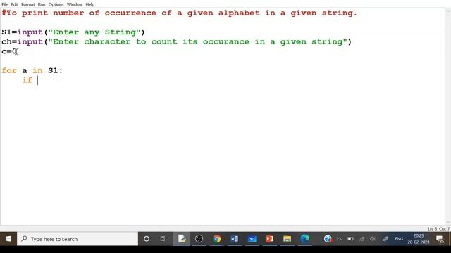8. Python program to print number of occurrence of a given alphabet in a given string смотреть онлайн