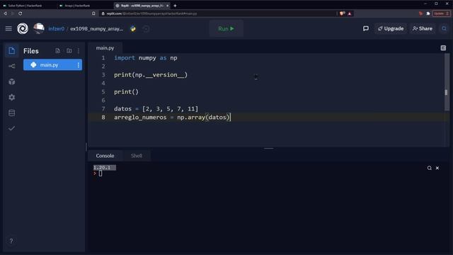 Python Ejercicio: 1098 HackerRank Crear Arreglos con Librería NumPy a través de la Función array() смотреть онлайн
