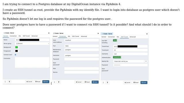 PgAdmin 4 - How to connect to database via ssh tunnel as posgres when its password is empty? смотреть онлайн