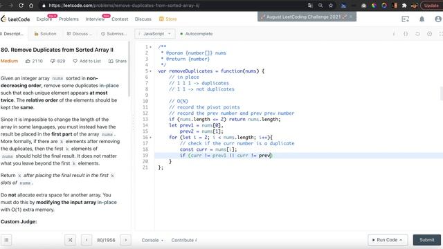 LeetCode 80 | Remove Duplicates from Sorted Array II | JavaScript | Live Coding смотреть онлайн
