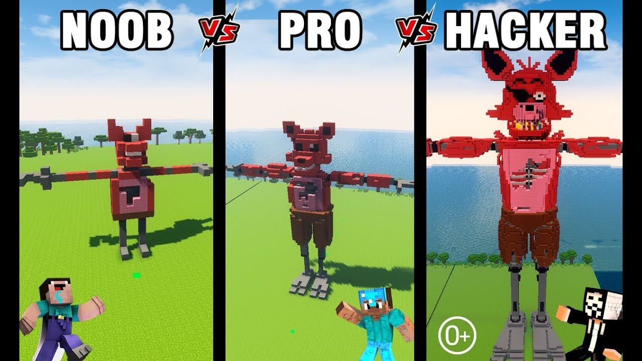 Minecraft Battle: NOOB Vs PRO Vs HACKER: BUILD FNAF FOXY CHALLENGE In Minecraft 13+