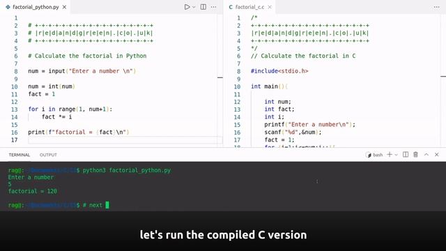 Python code to solve factorial versus C code смотреть онлайн