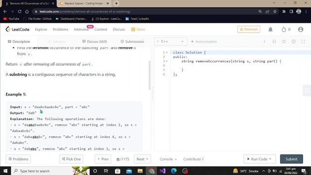 Replace Spaces | Coding Ninjas | Remove All Occurrences Of a Substring | LeetCode смотреть онлайн