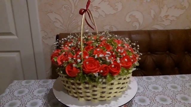 Торт в виде корзины с цветами . торт корзина с розами и гипсофила . смотреть онлайн