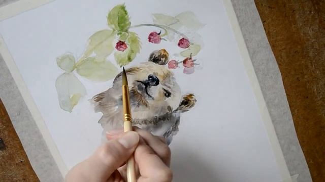 Картина акварелью Медведь и малина. смотреть онлайн