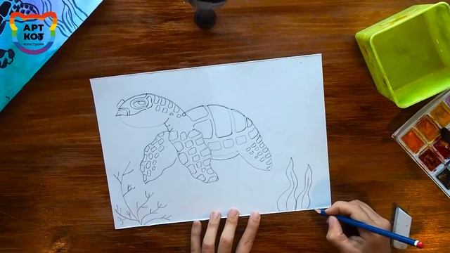Видеоурок. Как нарисовать морскую черепаху, 8+. Изостудия АртКот смотреть онлайн