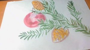 Рисунок акварелью, новогодняя открытка, ветка ёлки/