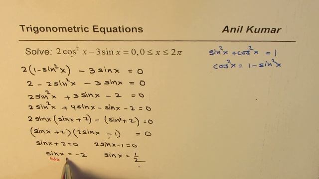 2cos^2x  - 3sinx = 0 Trigonometric Quadratic Equation To Solve