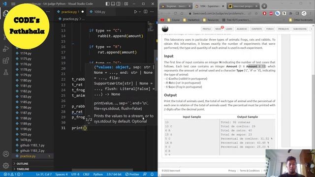 BEE 1094 - Experiments Solution | Live Python3 Programming on Beecrowd Beginner Level Day 47 смотреть онлайн