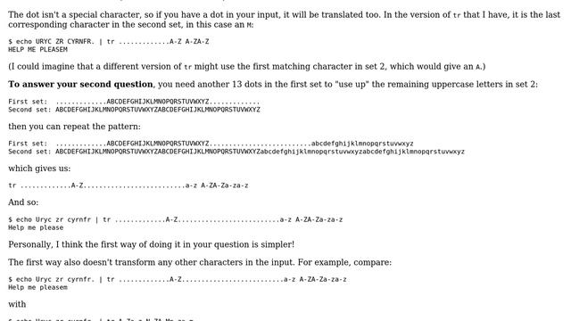 What do the dots in this tr command do: tr .............A-Z A-ZA-Z ＜＜＜ "JVPQBOV" (with 13 dots) смотреть онлайн