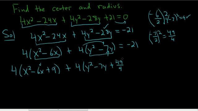 Finding the Center and Radius of the Circle 4x^2 - 24x + 4y^2 - 21y + 21 = 0 смотреть онлайн