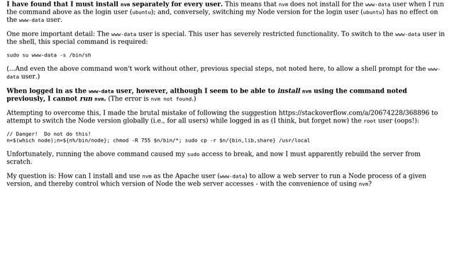 How to use NVM to switch Node versions for the Apache user ('www-data') - a user with severely... смотреть онлайн