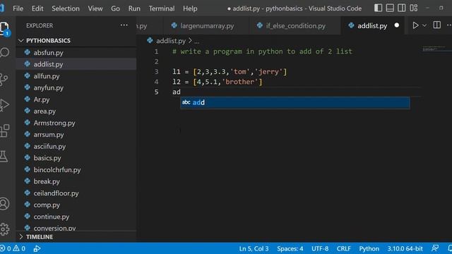 write a program in python to add of 2 list . смотреть онлайн