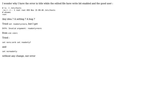 vim error 'E45: 'readonly' option is set' on a file with write permission Debian 9 vim 8.0.707 смотреть онлайн