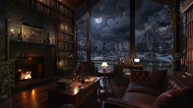 Ночная атмосфера Зимней Библиотеки Камин, Звуки Снега и Метели смотреть онлайн
