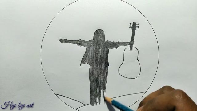 Step By Step A Girl With Guitar Scenery Drawing /Girl With Guitar Scenery Drawing With Pencil Sketc