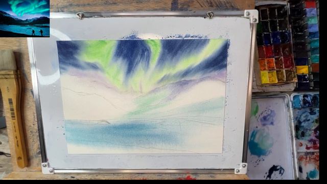 ЗИМНИЙ ПЕЙЗАЖ.СЕВЕРНОЕ СИЯНИЕ АКВАРЕЛЬЮ. УРОК РИСОВАНИЯ. WATERCOLOUR Northlights.