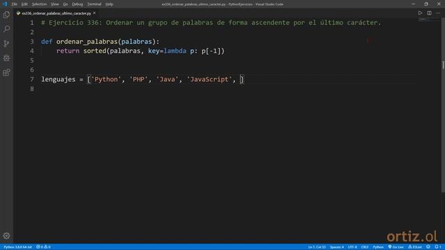 Python - Ejercicio 336: Ordenar un Grupo de Palabras de Forma Ascendente por el Último Carácter смотреть онлайн