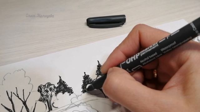 Деревенский пейзаж маркером. Графика. Рисуем вместе с детьми. смотреть онлайн