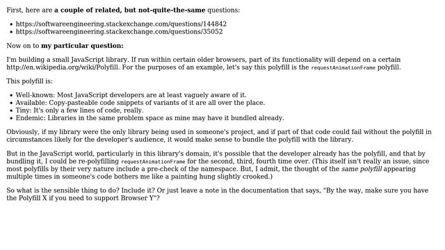 Software Engineering: JavaScript: Bundle A Required, But Common, Polyfill In My Library?